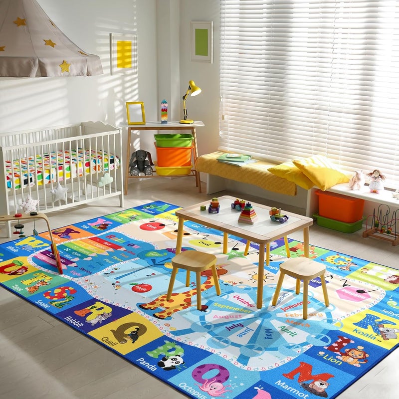 B BENRON Kids Rugs for Playroom Washable, Educational and Fun Learning Rugs with ABC Alphabet Animals Shapes, Baby Toddler Children's Play Mat for Bedroom Classroom Nursery, 3x5 Feet, Blue - Image 3